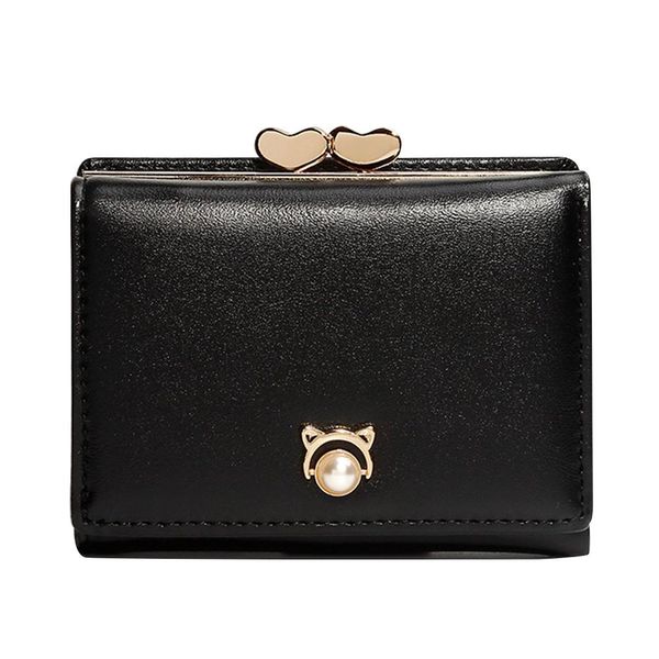 women trifold short wallet double heart kiss lock coin purse, Red;black