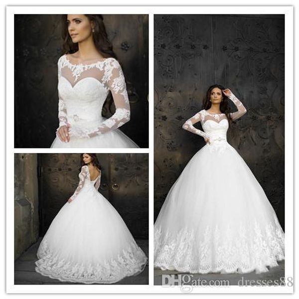 classy lace appliqued ball gown wedding dresses with long sleeves sheer jewel neckline tulle chapel beaded backless bridal gowns, White
classy lace appliqued ball gown wedding dresses with long sleeves sheer jewel neckline tulle chapel beaded backless bridal gowns, White