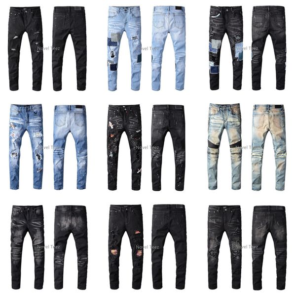 

novel teez ss20 new arrival brand designer men denim slim jeans embroidery pants fashion holes trousers us size 28-40, Blue