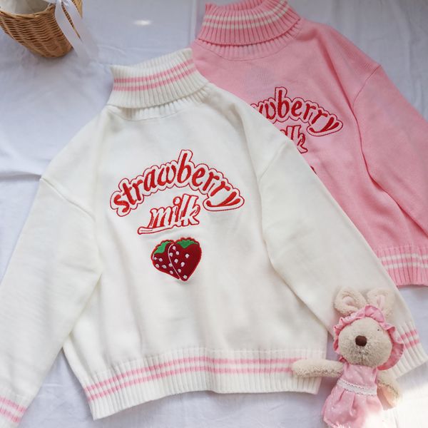 soft girl cute pink strawberry embroidery high collar sweater japanese preppy style mori girl knitted pullovers knitwear, White;black
soft girl cute pink strawberry embroidery high collar sweater japanese preppy style mori girl knitted pullovers knitwear, White;black
