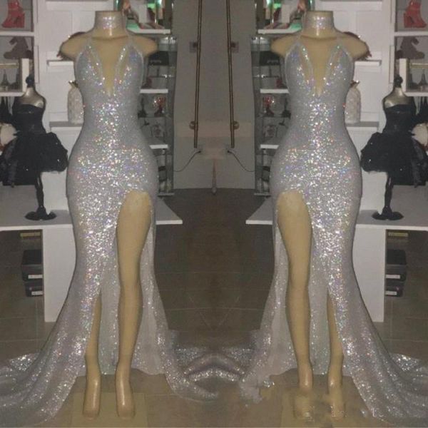 Silver Sexy V-Neck Sleeveless Prom Dresses 2019 Halter Plus Size Evening Dresses Mermaid With Split Party Gowns
Silver Sexy V-Neck Sleeveless Prom Dresses 2019 Halter Plus Size Evening Dresses Mermaid With Split Party Gowns