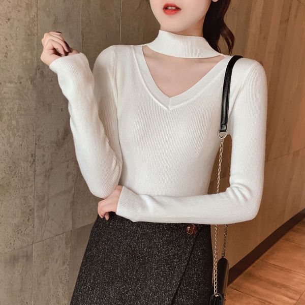 women autumn casual slim knit bottoming shirt v-neck long-sleeved sweater knitted, White;black
women autumn casual slim knit bottoming shirt v-neck long-sleeved sweater knitted, White;black