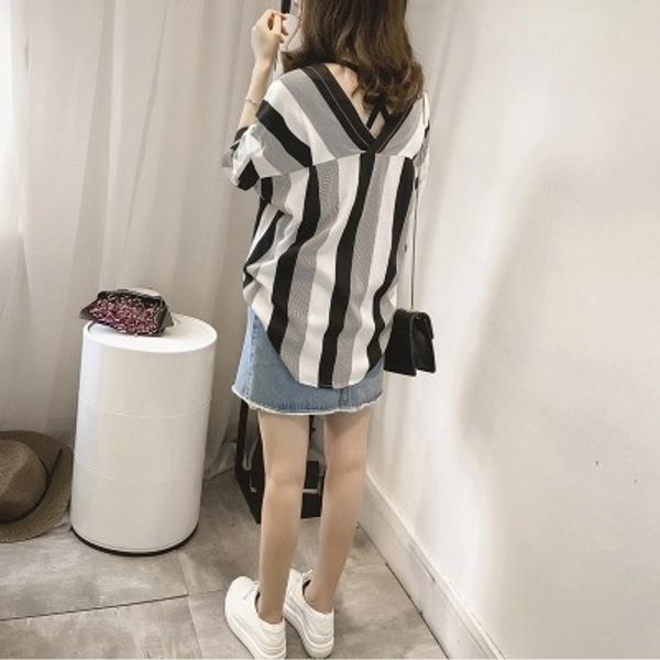 slimming summer new style hipster vertical striped versatile college style front and back v-neck loose-fit korean-style shirt wo, White
slimming summer new style hipster vertical striped versatile college style front and back v-neck loose-fit korean-style shirt wo, White