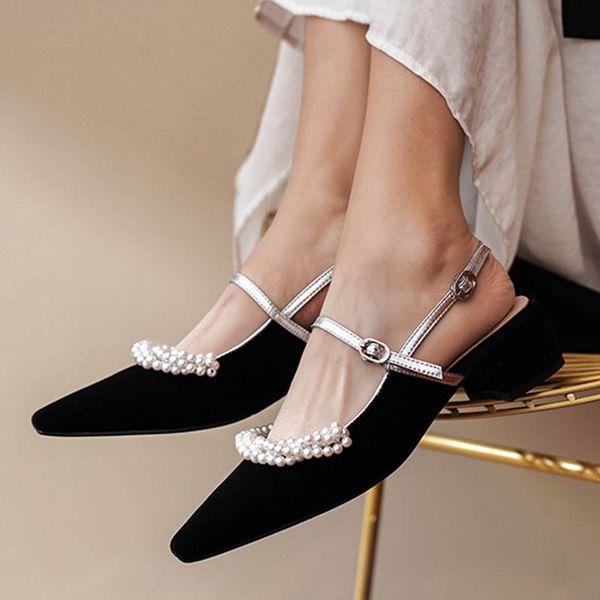 pearl pointed toe buckle band slingback flock gladiator sandals women beads cover toe thick high heels shoes woman sandalias2020, Black
pearl pointed toe buckle band slingback flock gladiator sandals women beads cover toe thick high heels shoes woman sandalias2020, Black