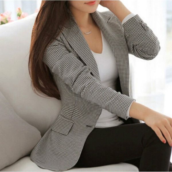 women blazer jacket 2019 long sleeves single button casual plaid blazer ladies jacket feminino slim coat, White;black
women blazer jacket 2019 long sleeves single button casual plaid blazer ladies jacket feminino slim coat, White;black