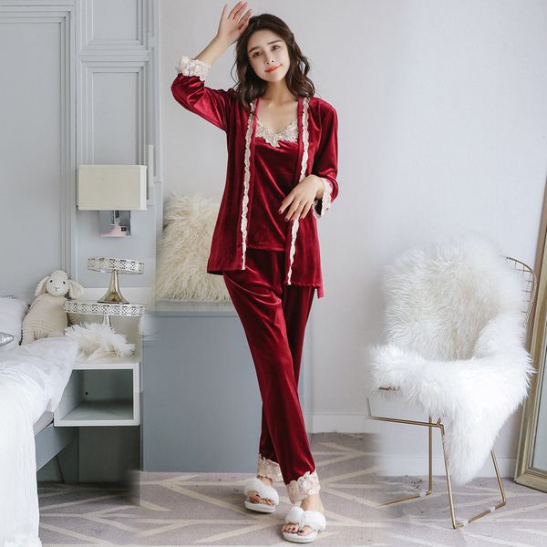 women velour pajamas set lady strap pants sleepwear home wear three piece nightgown kimono robe bath gown nightdress, Black;red
women velour pajamas set lady strap pants sleepwear home wear three piece nightgown kimono robe bath gown nightdress, Black;red