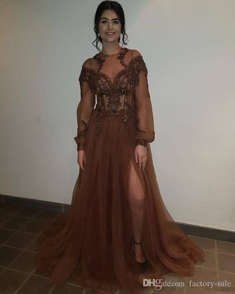 brown side split a line prom dresses jewel neck see through long sleeve party gowns bead sequined tulle formal evening dresses 08, Black
brown side split a line prom dresses jewel neck see through long sleeve party gowns bead sequined tulle formal evening dresses 08, Black