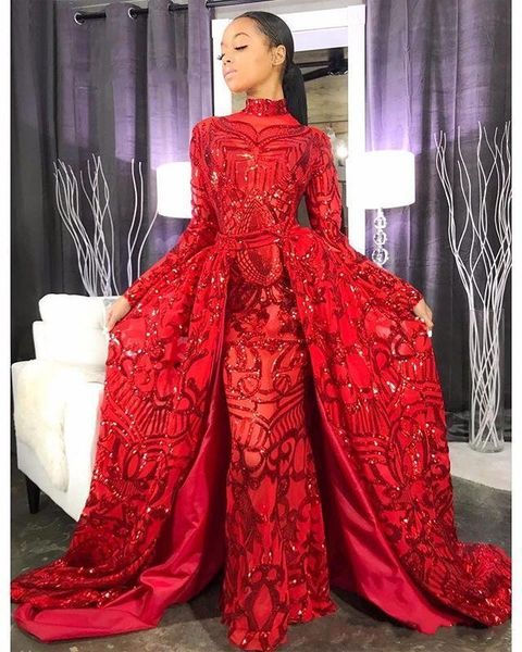 2019 gorgeous red prom dresses with detachable overskirts high neck lace sequins long sleeves modest evening gowns party wear, Black
2019 gorgeous red prom dresses with detachable overskirts high neck lace sequins long sleeves modest evening gowns party wear, Black