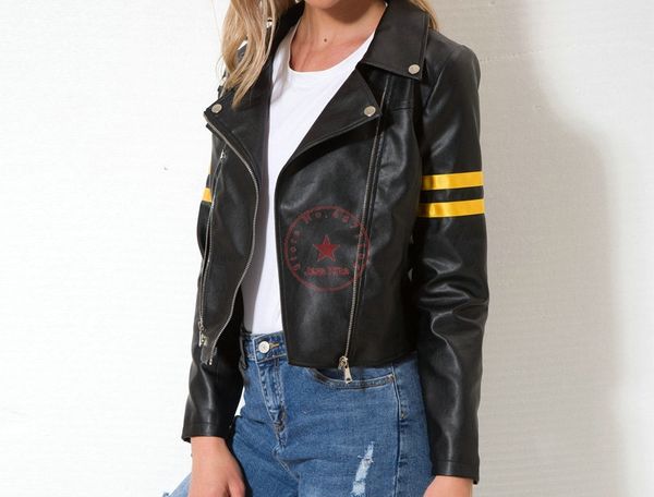 2019 new european and american fashion trend locomotive cool pu leather ladies black striped zipper lapel slim jacket short
2019 new european and american fashion trend locomotive cool pu leather ladies black striped zipper lapel slim jacket short