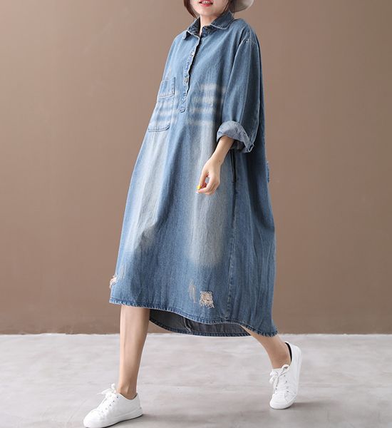 women denim dress nine quarter sleeve big size 2020 new spring vintage loose hole vintage korean fashion women robe, Black;gray
women denim dress nine quarter sleeve big size 2020 new spring vintage loose hole vintage korean fashion women robe, Black;gray