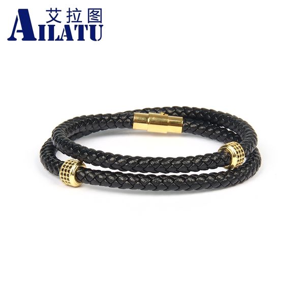 ailatu wholesale double layer genuine leather men's bracelet with black cz cylinder beads stainles steel jewelry, Golden;silver
ailatu wholesale double layer genuine leather men's bracelet with black cz cylinder beads stainles steel jewelry, Golden;silver