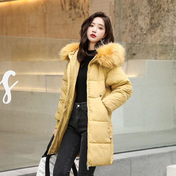 2019 women winter mid-long cotton coat hooded fur collar mid-long thickening warm jacket casual loose female parkas nzyd286a, Tan;black