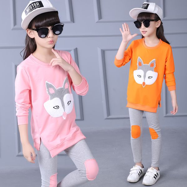 christmas day gift children's wear girls spring /autumn kids children sets sports and leisure suits fox cartoon set 4-12y, White