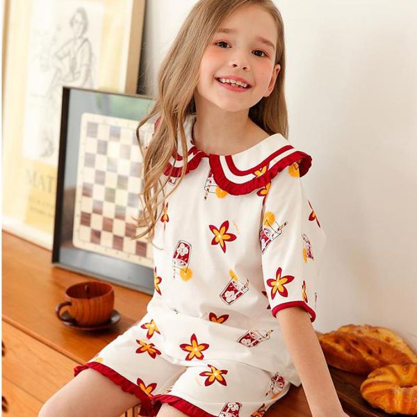 Summer Cute Print Child Pajamas For Girls Soft Cotton Short Sleeve Sleepwear Children Nightwear Suit Kids Night Sleep Home Wear