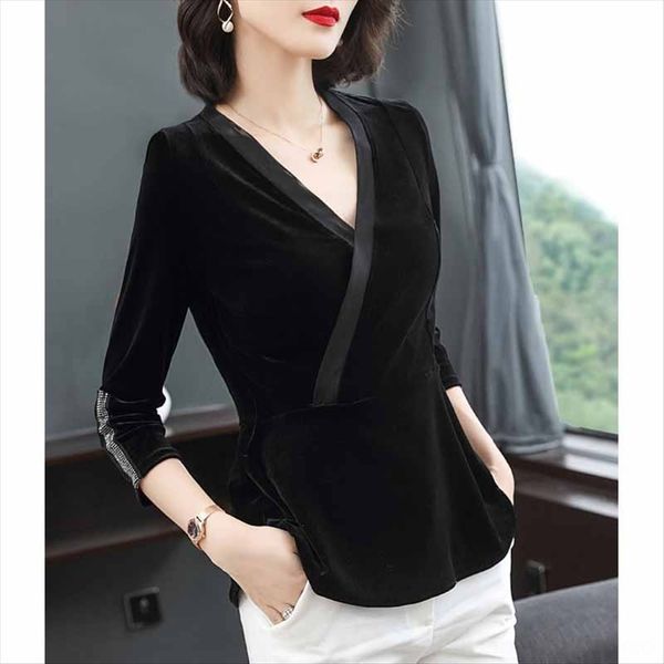 black v-neck gold velvet t-shirt women's slim waist long sleeve european style t-shirt women, White
black v-neck gold velvet t-shirt women's slim waist long sleeve european style t-shirt women, White