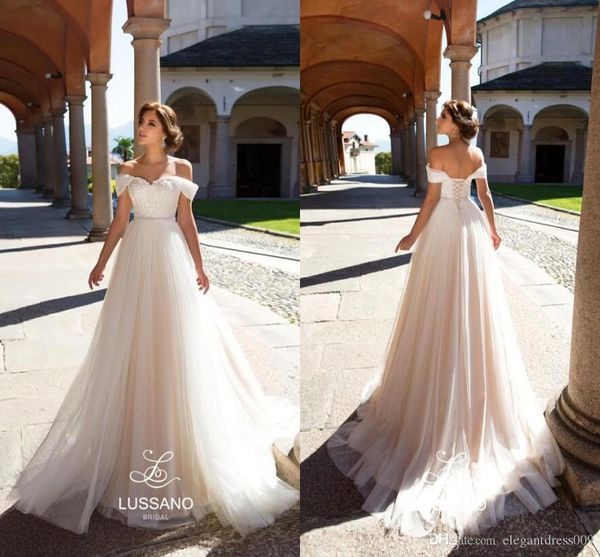 charming beach bohemian a line wedding dresses off shoulder tulle lace up boho bridal gowns tiered tulle sweep train wedding dress custom, White
charming beach bohemian a line wedding dresses off shoulder tulle lace up boho bridal gowns tiered tulle sweep train wedding dress custom, White