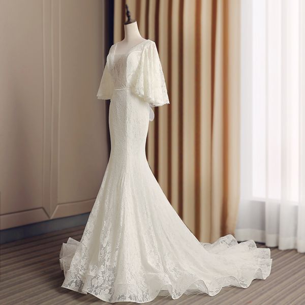 alluring deep v-neck ivory 3/4 bell lace sleeve wedding dress plunging back bodice mermaid wedding dresses with bowknot bridal gowns, White
alluring deep v-neck ivory 3/4 bell lace sleeve wedding dress plunging back bodice mermaid wedding dresses with bowknot bridal gowns, White