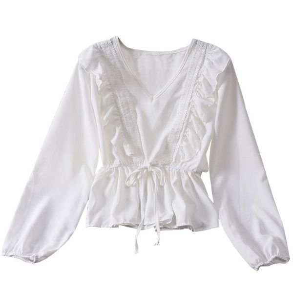 v-neck autumn ladies casual ruffled lantern sleeves chiffon top, White 
v-neck autumn ladies casual ruffled lantern sleeves chiffon top, White