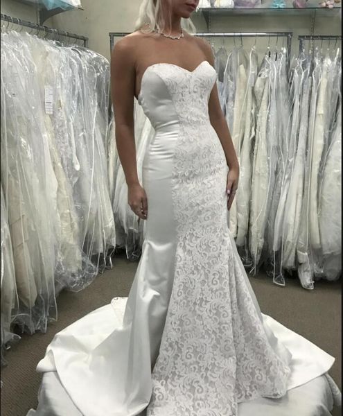 2019 elegant mermaid wedding dresses satin lace appliques sweep train bohemian wedding dress sweetheart custom made country bridal gowns, White
2019 elegant mermaid wedding dresses satin lace appliques sweep train bohemian wedding dress sweetheart custom made country bridal gowns, White