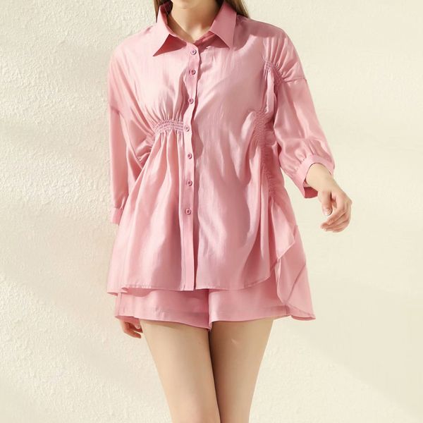 2020 summer fashion suit set women's turn-down collar pleated loose shirt shorts set, White
2020 summer fashion suit set women's turn-down collar pleated loose shirt shorts set, White