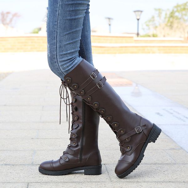 women knee high boots autumn winter lace up flat shoes steampunk pu buckle women shoes ladies snow boots 775, Black
women knee high boots autumn winter lace up flat shoes steampunk pu buckle women shoes ladies snow boots 775, Black