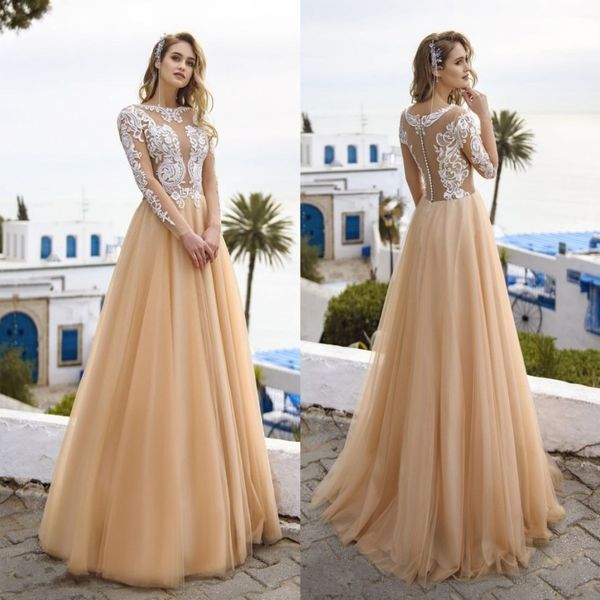 bohemian a line lace beach wedding dresses sheer bateau neck long sleeves bridal gowns tulle floor length robe de mariée, White
bohemian a line lace beach wedding dresses sheer bateau neck long sleeves bridal gowns tulle floor length robe de mariée, White