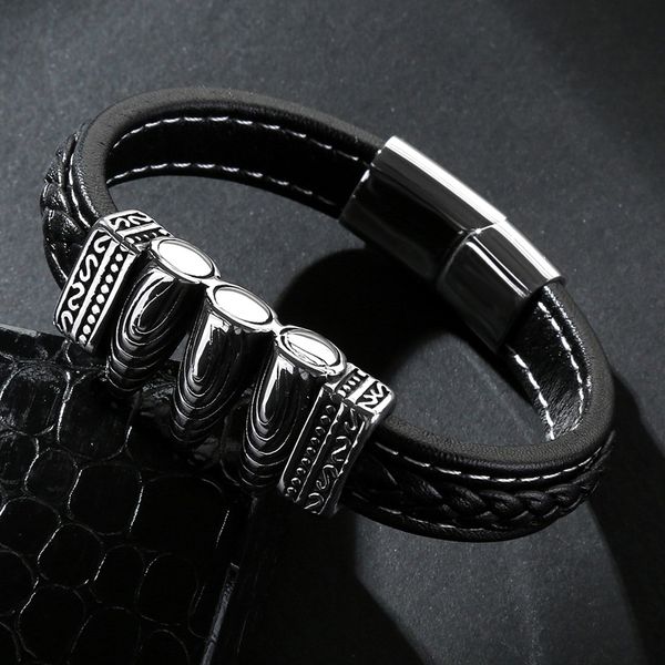 punk men jewelry braided leather bracelet stainless steel magnetic clasp fashion bangles, White