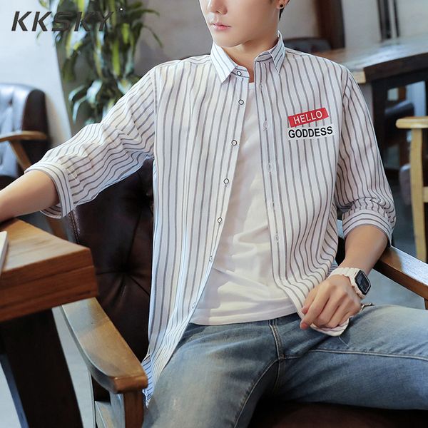 men's striped shirt seven-point sleeve single-breasted casual men's stand collar slim vertical stripes in the sleeves summer2019, White;black
men's striped shirt seven-point sleeve single-breasted casual men's stand collar slim vertical stripes in the sleeves summer2019, White;black