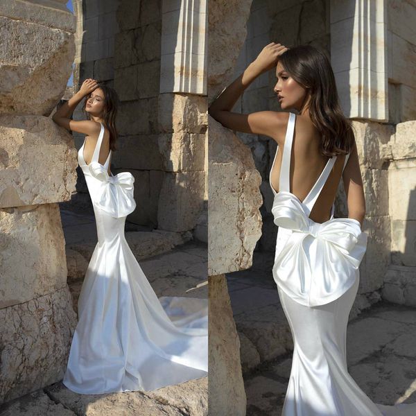 2020 dreamy mermaid wedding dresses bow sleeveless satin wedding dress sweep train vestidos de novia, White
2020 dreamy mermaid wedding dresses bow sleeveless satin wedding dress sweep train vestidos de novia, White