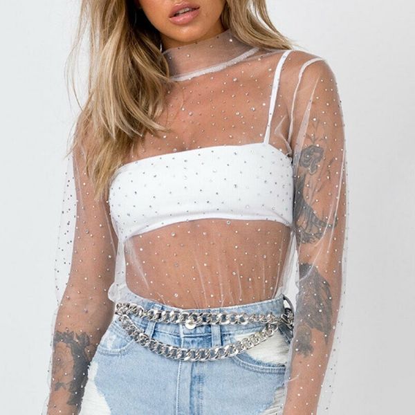 women ladies see through blouse long sleeve mesh night club wear meksh sheer transparent shirt blouses tee, White
women ladies see through blouse long sleeve mesh night club wear meksh sheer transparent shirt blouses tee, White