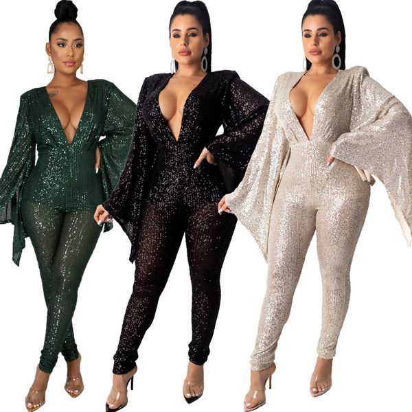party clothes women fall winter sequins deep v butterfly sleeve sequined jumpsuit, Black;white
party clothes women fall winter sequins deep v butterfly sleeve sequined jumpsuit, Black;white