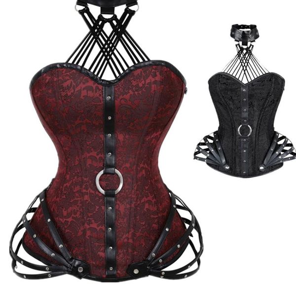 women steampunk corset gothic clothing faux leather halter steel boned lace up corsets and bustiers, Black;white
women steampunk corset gothic clothing faux leather halter steel boned lace up corsets and bustiers, Black;white