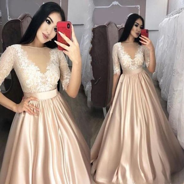 sheer jewel neck evening dresses 1/2 long sleeve lace applique party gowns fashion a-line satin sweep train prom dress, Black;red
sheer jewel neck evening dresses 1/2 long sleeve lace applique party gowns fashion a-line satin sweep train prom dress, Black;red