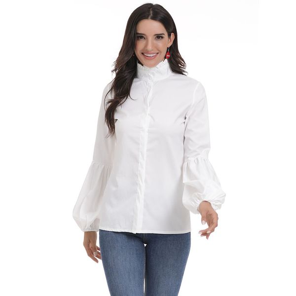 women shirt blouse women casual full sleeve lantern sleeve high collar solid slim blouse for ladies, White
women shirt blouse women casual full sleeve lantern sleeve high collar solid slim blouse for ladies, White