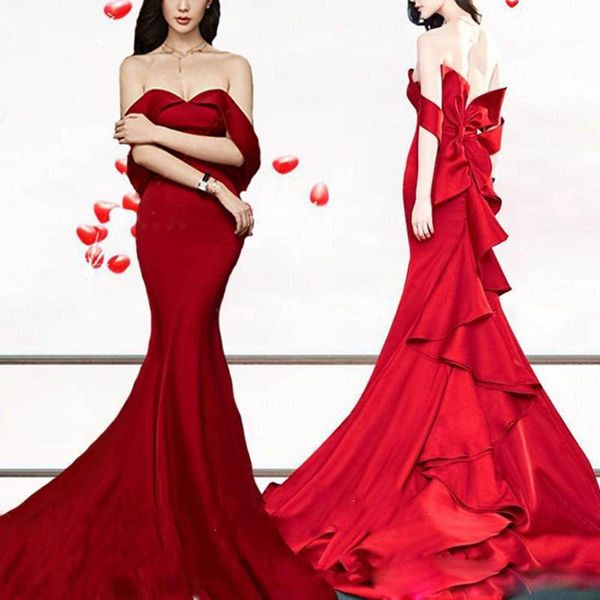 red mermaid prom dress off shoulder short sleeve ruched party dress sweep train robes de soirée, Black
red mermaid prom dress off shoulder short sleeve ruched party dress sweep train robes de soirée, Black