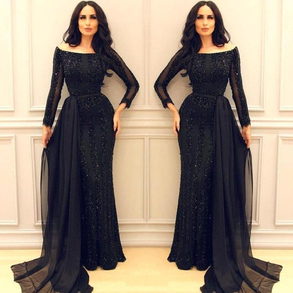 sparekly black mother of the bride dress long sleeve off shoulder chiffon train mermaid formal evening gowns customize plus size, Black;red
sparekly black mother of the bride dress long sleeve off shoulder chiffon train mermaid formal evening gowns customize plus size, Black;red