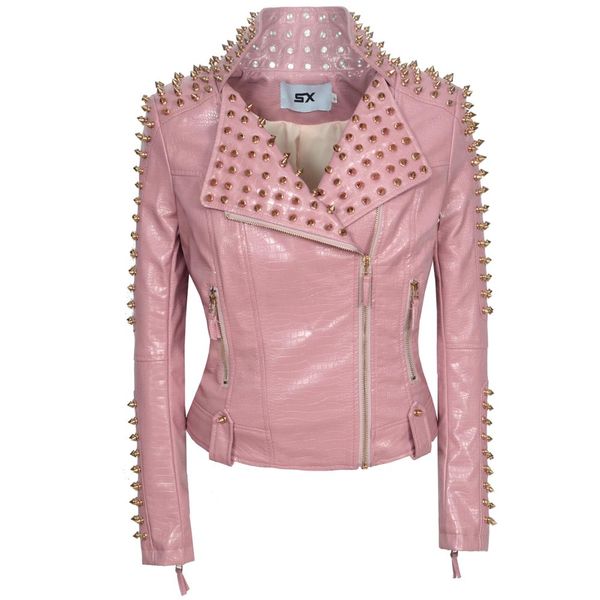 sx occident punk style pink pu jacket fashionable golden rivet body-repair locomotive short jacket, Black;brown
sx occident punk style pink pu jacket fashionable golden rivet body-repair locomotive short jacket, Black;brown