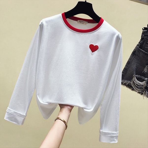 2019 autumn long t-shirt embroidery sleeve t-shirt female 19 early autumn round collar contrast color embroidery love all-match base top, White
2019 autumn long t-shirt embroidery sleeve t-shirt female 19 early autumn round collar contrast color embroidery love all-match base top, White