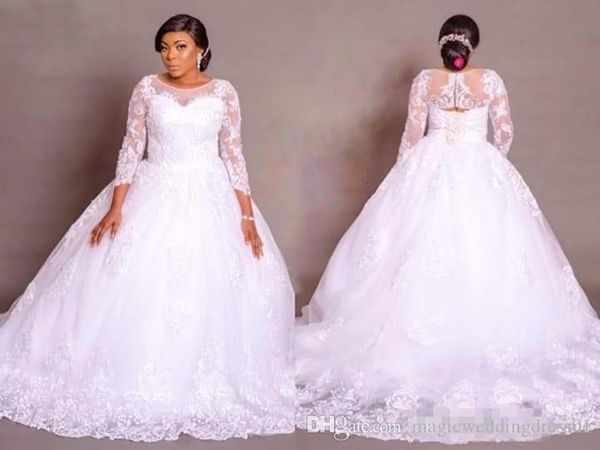 2019 plus size wedding dresses african formal wear jewel sheer neckline lace wedding dress custom made back lace up ball gown bridal gowns, White
2019 plus size wedding dresses african formal wear jewel sheer neckline lace wedding dress custom made back lace up ball gown bridal gowns, White