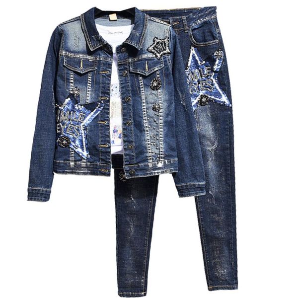 women long-sleeved denim jacket new fashion five-pointed star sequins coat +skinny pencil jeans two sets, White
women long-sleeved denim jacket new fashion five-pointed star sequins coat +skinny pencil jeans two sets, White