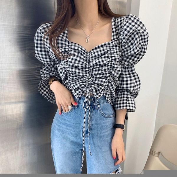 new fashion v-neck korea style plaid printed blouse shirt fashion drawstring puff sleeve shirt female blusas femme, White
new fashion v-neck korea style plaid printed blouse shirt fashion drawstring puff sleeve shirt female blusas femme, White