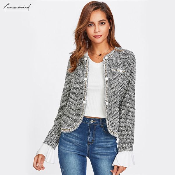 contrast blazer ruffle cuff curved tweed women collarless single breasted office fitted lady elegant work blazer, White;black
contrast blazer ruffle cuff curved tweed women collarless single breasted office fitted lady elegant work blazer, White;black