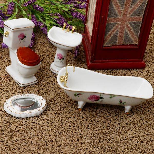 1/12 Dollhouse Porcelain White Bathroom Suite Furniture Set Toilet Sink Mirror And Bathtub, Dolls House Life Scene Ornament
