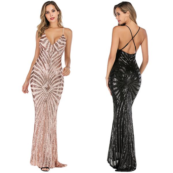 european and american strapless open-back long dress amazon deep v-neck stretch mop dress, White;black