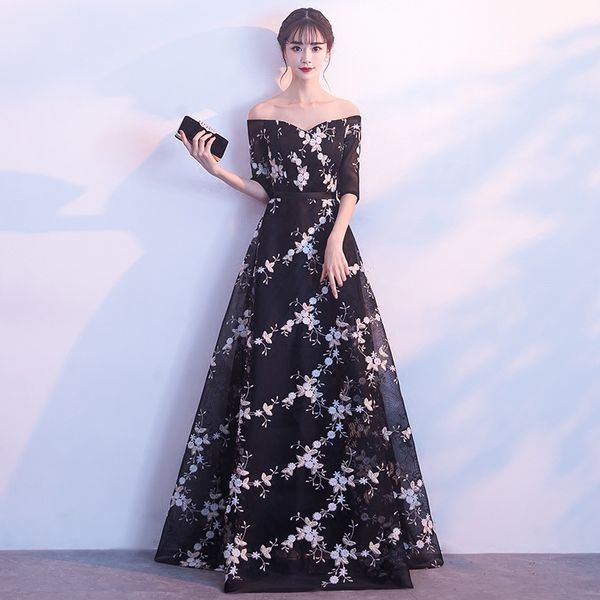 elegant black tulle floral embroidry off the shoulder evening dress long women prom gown celebrity formal party dresses 2019, White;black
elegant black tulle floral embroidry off the shoulder evening dress long women prom gown celebrity formal party dresses 2019, White;black