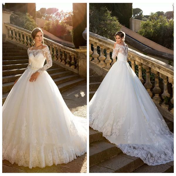 2019 modest bateau long sleeves lace appliques wedding dresses crystal belt princess tulle ball gown garden vestidos de mariee cusotm, White
2019 modest bateau long sleeves lace appliques wedding dresses crystal belt princess tulle ball gown garden vestidos de mariee cusotm, White