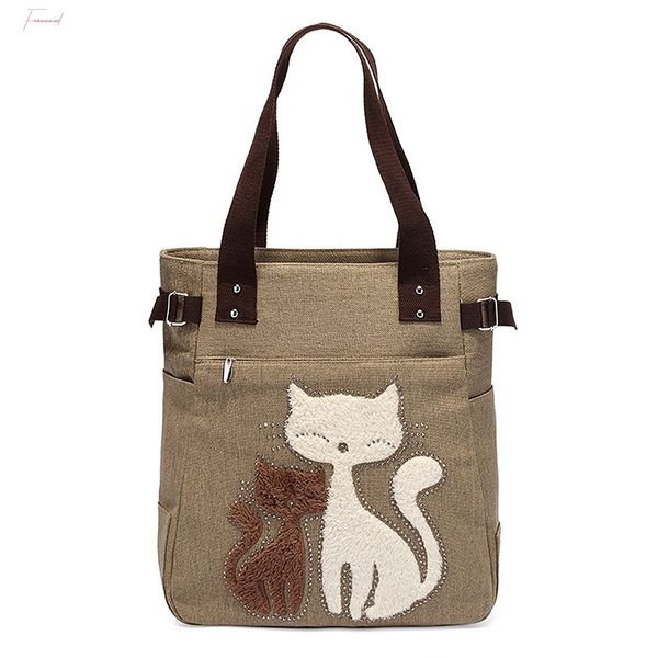 womens messenger handbag canvas bag with cute cat small shopping shoulder bag