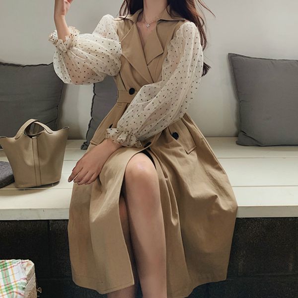 women's trench coats fall classic fashion notched collar double-breasted slim coat tulle polka dot puff sleeve cute long women, Tan;black
women's trench coats fall classic fashion notched collar double-breasted slim coat tulle polka dot puff sleeve cute long women, Tan;black