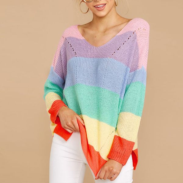 women sweaters pullover fashion new long sleeve v-neck rainbow stripe multi-colors loose sweet spring fall knitted sweater, White;black
women sweaters pullover fashion new long sleeve v-neck rainbow stripe multi-colors loose sweet spring fall knitted sweater, White;black