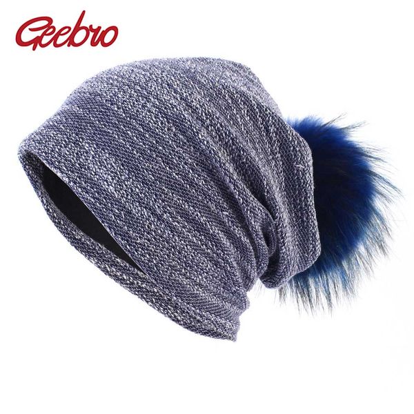 geebro women's slouchy beanie hat winter knitted cotton beanie with raccoon fur pompom for femme skullies&beanies with fur ball, Blue;gray
